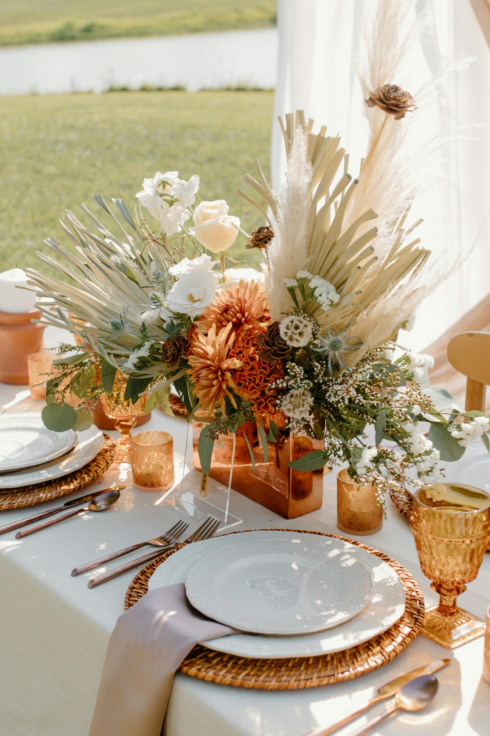 boho floral centerpiece with pampas grass